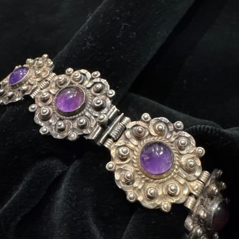 Vintage IVM Mexico 925 Sterling Silver Amethyst Panel Bracelet 63g Taxco